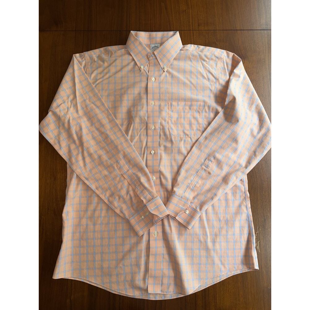 Brooks Brothers 346 Men's Slim Fit Non-Iron Orange Plaid Dress Shirt - Size 17